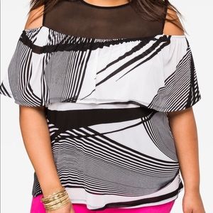 ASHLEY STWART GRAPHIC MESH COLD SHOULDER TOP